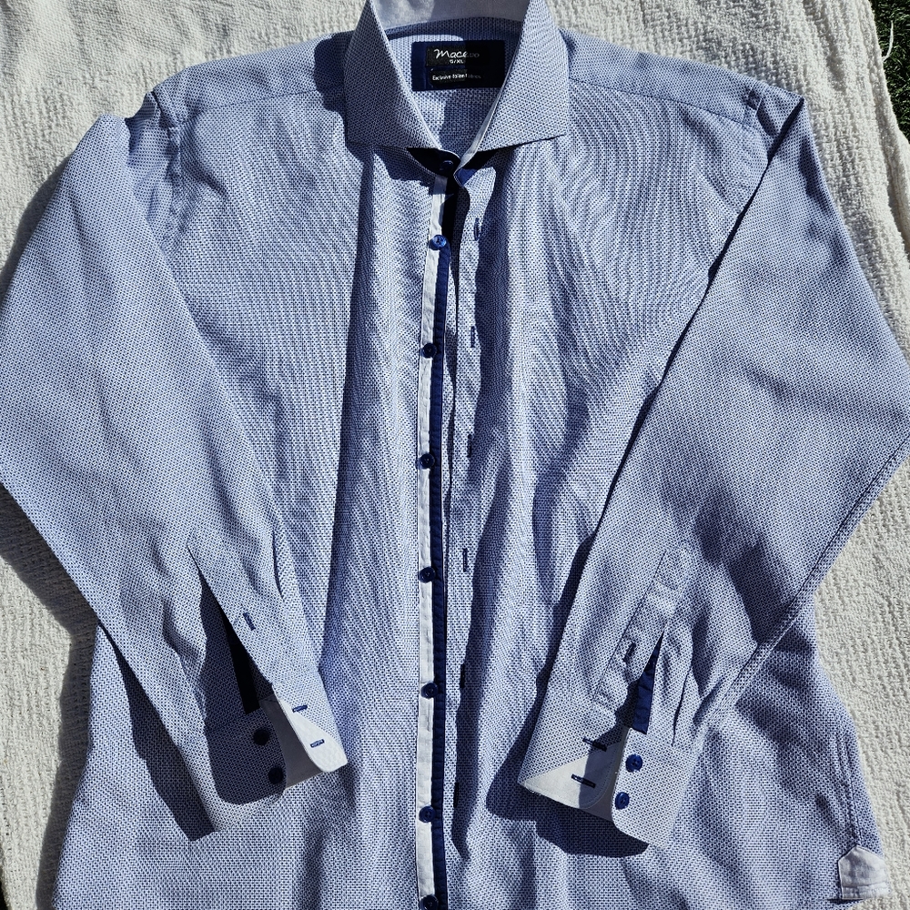 Maceoo XL Long Sleeve Dress Shirt Italian Button-Down Blue White Top 100% Cotton
